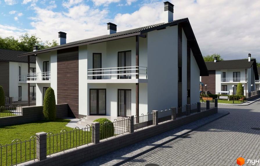 Котеджне містечко КМ Європа: двоповерхові будинки з білими фасадами, темними дахами та балконами, огороджені парканом, на тлі зеленої галявини та дерев.