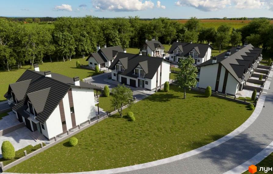 Котеджне містечко КМ Європа: білі двоповерхові будинки з темними дахами та прибудинкова територія з зеленими газонами та деревами.