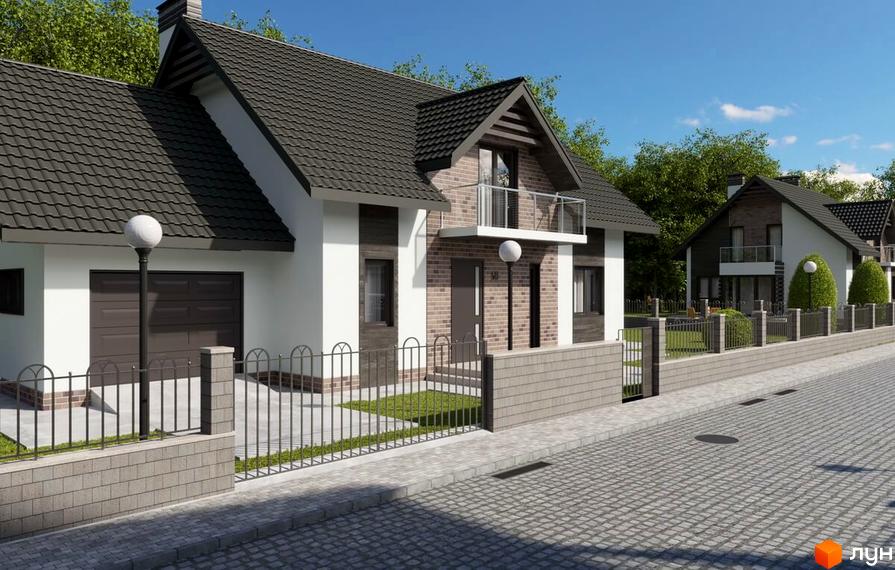 Зовнішній вигляд котеджного містечка КМ Європа з цегляним фасадом та металевим дахом. Прибудинкова територія огороджена парканом та має доглянутий газон.