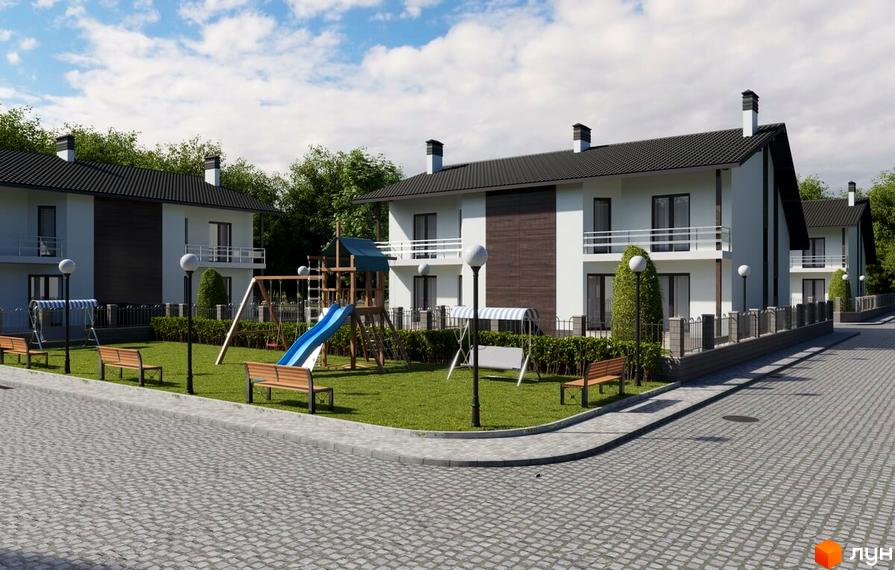 Котеджне містечко КМ Європа: двоповерхові будинки з білими фасадами та темними дахами, дитячий майданчик та лавки на зеленій галявині.