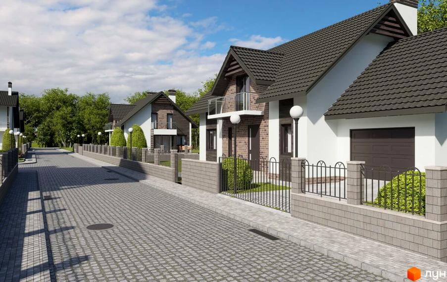 Зображення будинків у Котеджному містечку Європа. Двоповерхові будинки з сірими дахами та світлими стінами, огороджені невисоким парканом.