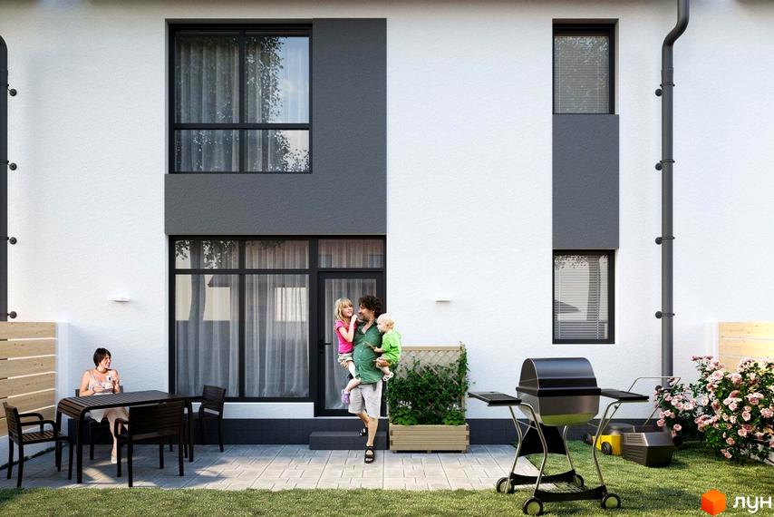 Зовнішній вигляд таунхаусу „Sttk #3“: білі стіни з сірими вставками, великі вікна. На прибудинковій території газон, зона відпочинку з меблями та гриль.