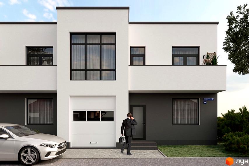 Зовнішній вигляд таунхаусів Sttk #3: білі фасади, великі вікна, гаражні ворота та прибудинкова територія з автомобілем та деревами. Огляд новобудови.