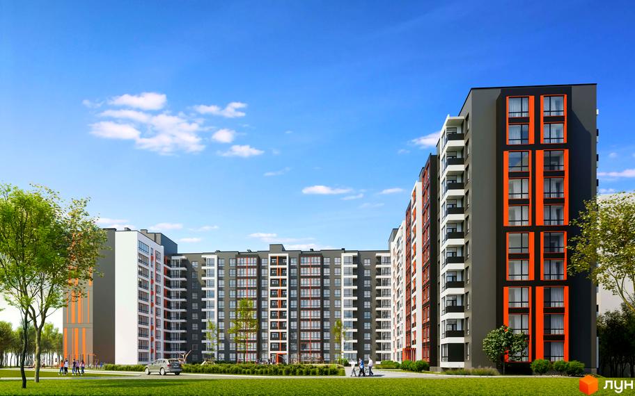 Багатоповерховий будинок ЖК Студентський з фасадом у сіро-білих тонах. На прибудинковій території зелена трава, дерева та місце для відпочинку.