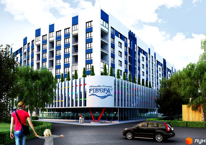 Житловий комплекс Рів'єра - сучасна новобудова з синьо-білим фасадом та балконами. Навколо комплексу зелені насадження та доглянута прибудинкова територія.