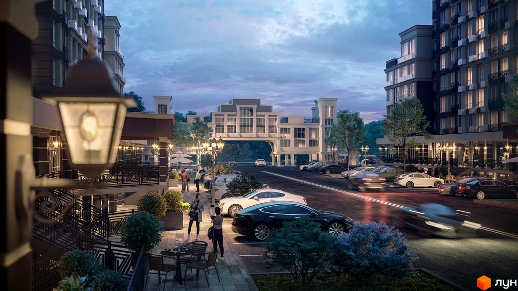 Житловий комплекс Благород: фасади будівель з вікнами та балконами, прибудинкова територія з паркуванням та вуличним освітленням.