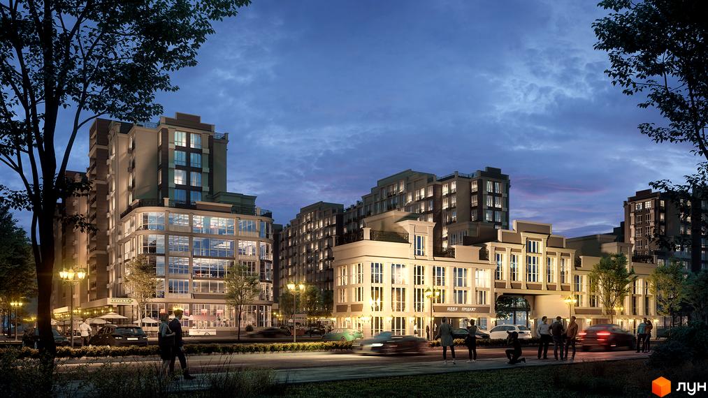 Житловий комплекс Благород: фасади будинків з панорамними вікнами та балконами, освітлені вулиці, дерева та люди на фоні вечірнього неба.