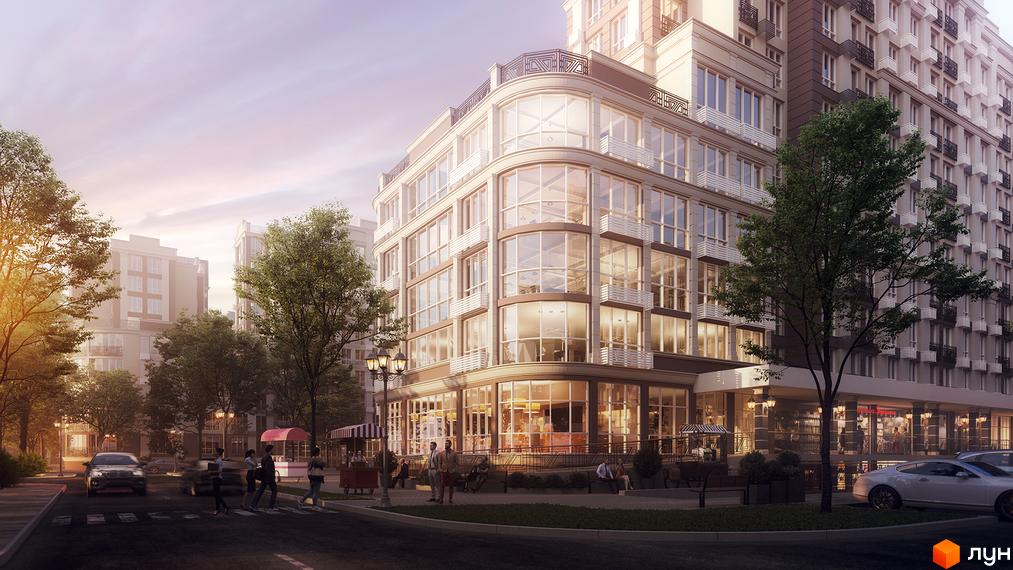 Житловий комплекс Благород: фасади з великими вікнами, балкони. Територія з деревами та вуличним освітленням.