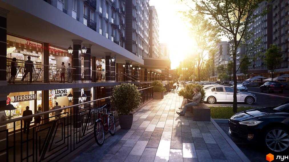 Зовнішній вигляд житлового комплексу Благород з магазинами на першому поверсі та затишною прибудинковою територією з місцями для відпочинку та парковкою.