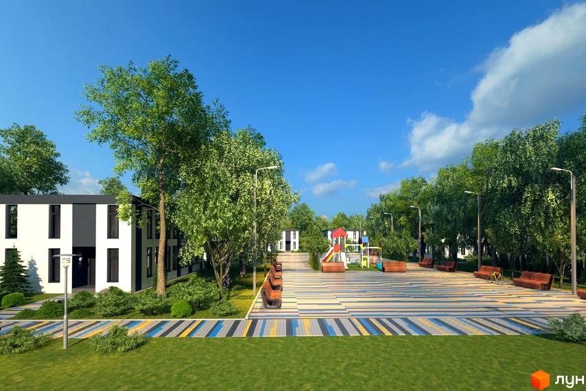 Житловий комплекс Fresh Space з біло-чорними фасадами та дитячим майданчиком на доглянутій прибудинковій території з лавками та деревами.