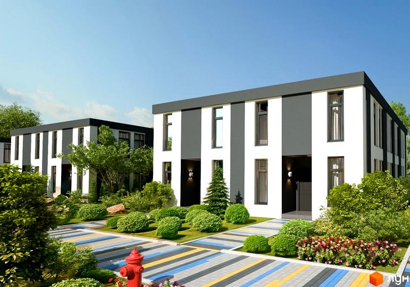 Зображення житлового комплексу Fresh Space. На фото будівлі з білими та сірими смугами, навколо зелені насадження та доріжки.