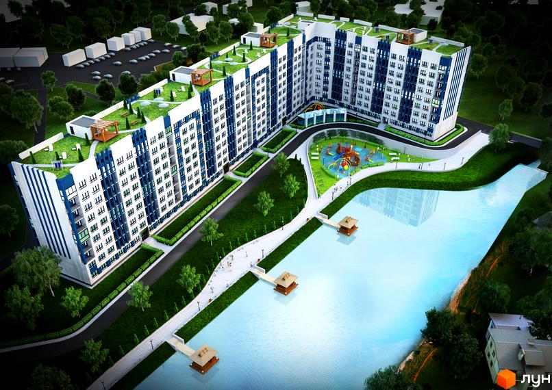 Житловий комплекс Рів'єра з біло-синім фасадом, зеленими терасами та дитячим майданчиком біля озера. На території є пірси з альтанками.