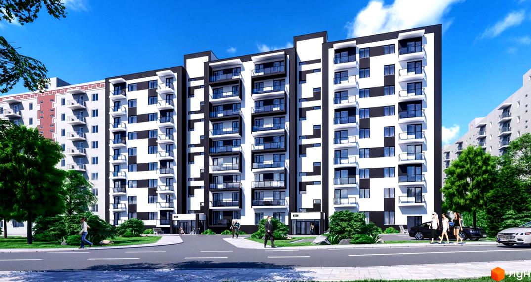 Житловий комплекс Слобожанська Слобода з білими та чорними фасадами, балконами та великими вікнами. На території комплексу є зелені насадження, тротуар та дорога.