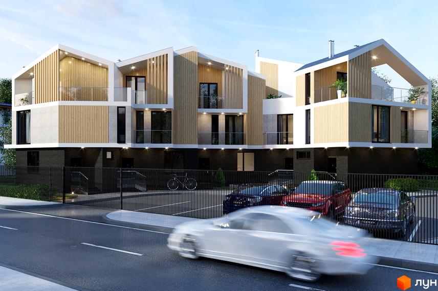 Таунхаус California з дерев'яними елементами та скляними балконами, перед яким розташована парковка з автомобілями та огорожею.