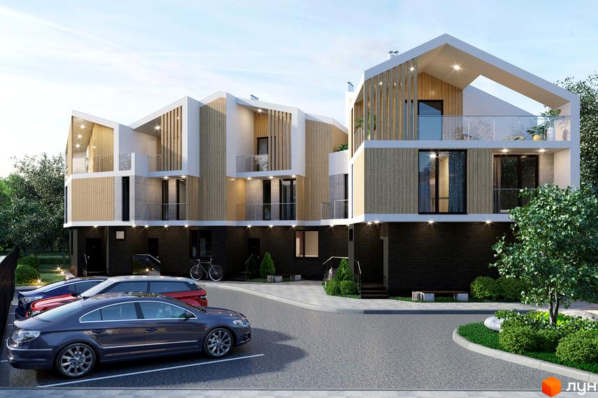 Зображення сторінки житлового комплексу Таунхаус „California“. Двоповерхові будинки з деревом в оздобленні фасаду та парковкою на території.