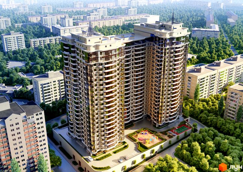Житловий комплекс Новопечерський Двір. Високі будинки з панорамними вікнами. На території дитячий майданчик та зелені насадження.