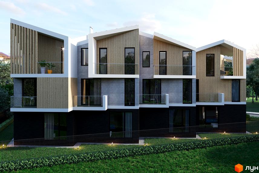 Таунхаус California з дерев'яними та бетонними фасадами, балконами та зеленим газоном перед будинком. Зовнішній вигляд новобудови з сучасним дизайном.