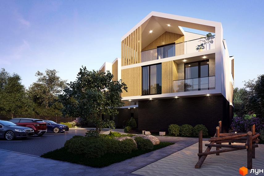 Зображення житлового комплексу California. Триповерховий будинок з дерев'яним оздобленням фасаду, балконами та терасою. На території парковка, зелені насадження та дитячий майданчик.