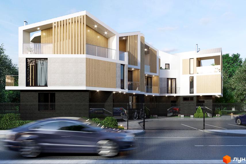 Таунхаус California – це сучасна новобудова з дерев'яними елементами та скляними балконами, розташована біля паркану з автомобілями та деревами.