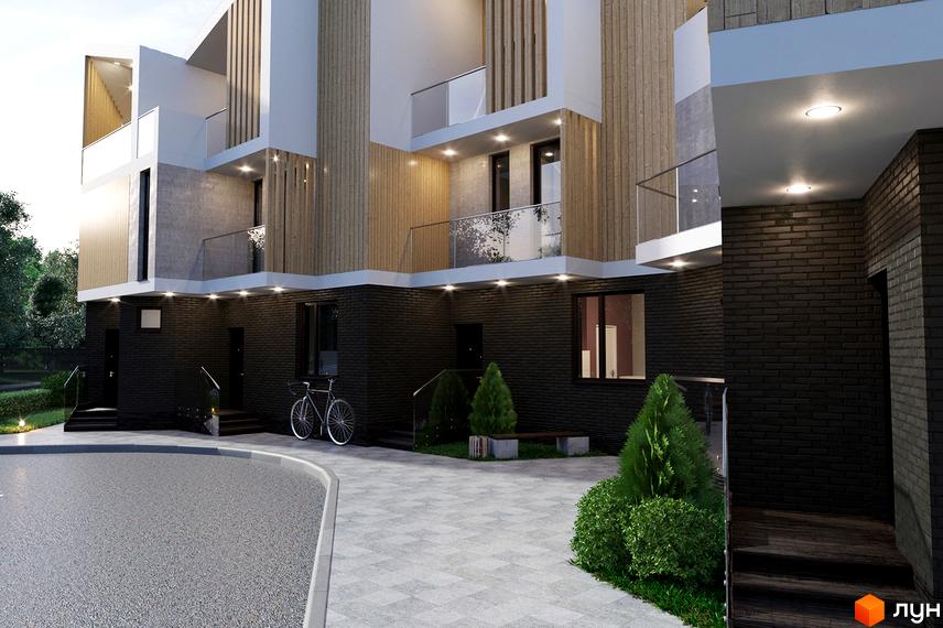 Зображення сторінки житлового комплексу California: світлі фасади з дерев'яними панелями, чорна цегляна кладка, скляні балкони, бруківка, зелені насадження та велосипед.