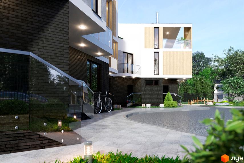 Зображення сторінки житлового комплексу California. Двоповерховий будинок з темної цегли з скляними перилами, біля будинку велосипед, бруківка та зелені насадження.