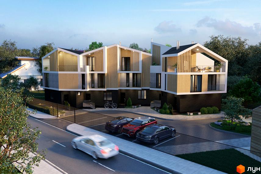 Триповерховий таунхаус „California“ з деревʼяним оздобленням фасаду та балконами. На території комплексу є парковка для автомобілів та зелені насадження.