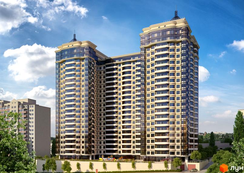 Висотна будівля житлового комплексу Новопечерський Двір з великою кількістю вікон. На території комплексу є дитячий майданчик та зелені насадження.