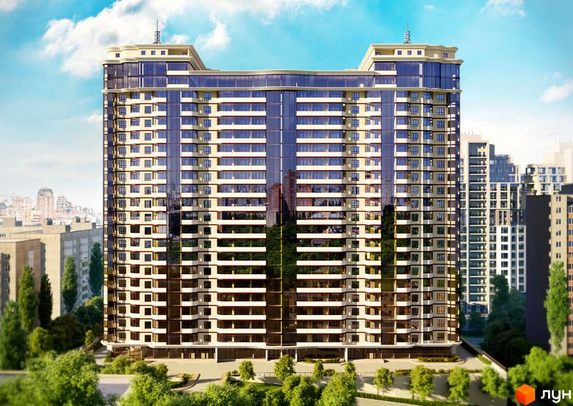 Висотна новобудова ЖК Новопечерський Двір з панорамними вікнами. На території комплексу є зелені насадження та доглянута прибудинкова територія.