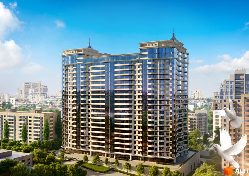 Житловий комплекс Новопечерський Двір з панорамними вікнами на фоні блакитного неба. На території комплексу є зелені насадження.