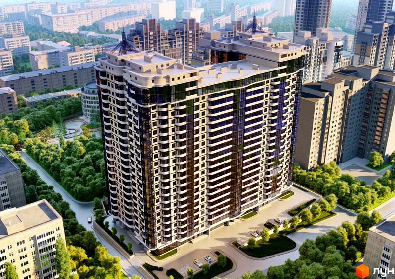 Висотна будівля ЖК Новопечерський Двір з панорамним склінням. На прибудинковій території є парковка та зелені насадження.