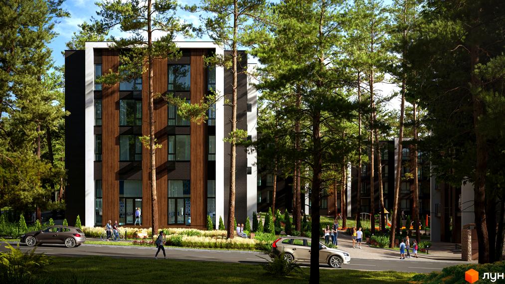 Житловий комплекс Forest Park з дерев'яними фасадами та великими вікнами, оточений соснами. Поруч дорога, тротуар, зелені насадження та дитячий майданчик.