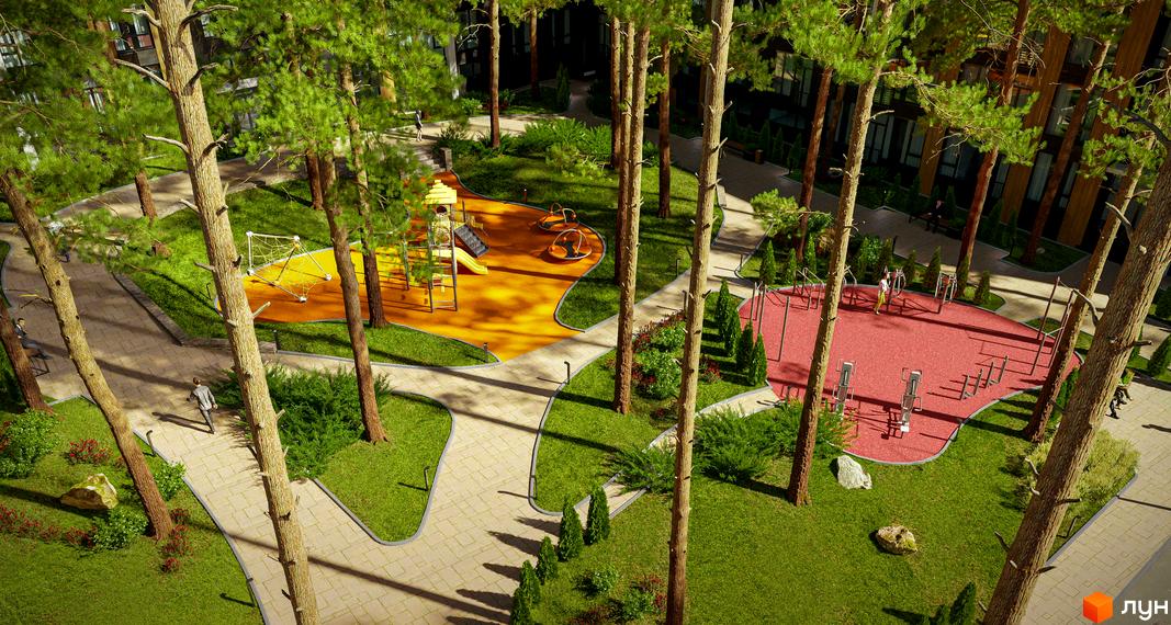 Житловий комплекс Forest Park з дитячим майданчиком та зоною для спорту серед дерев. Зелена територія з пішохідними доріжками та зонами відпочинку.