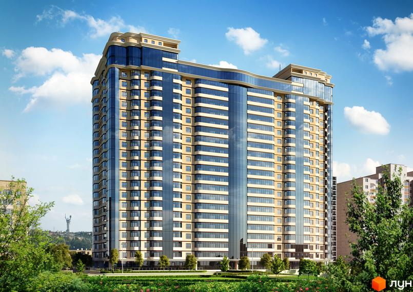 Висотна будівля ЖК Новопечерський Двір з панорамним склінням. Навколо будинку доглянута прибудинкова територія з зеленими насадженнями.