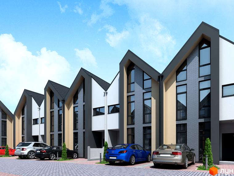 Зображення Котеджного містечка Oscar з таунхаусами. Фасади оздоблені сірою цеглою, білою штукатуркою та чорними віконними рамами.