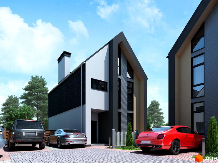 Зображення будинку в Котеджному містечку Oscar з автомобілями на подвір'ї. Фасад будинку виконаний в сірих тонах.