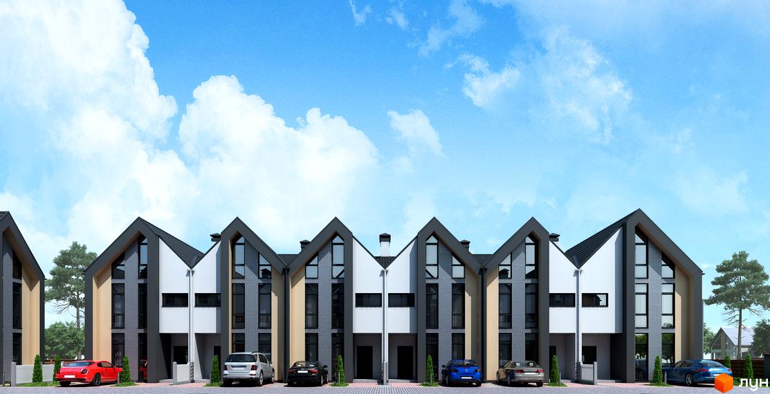 Зображення фасаду Котеджного містечка Oscar з автомобілями на подвір'ї. На задньому фоні видно блакитне небо з хмарами.