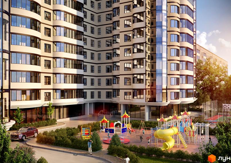 Житловий комплекс Новопечерський Двір з дитячим майданчиком. Висотна будівля з панорамними вікнами та доглянутою прибудинковою територією.