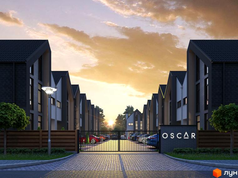 Зображення Котеджного містечка Oscar з будинками з темними дахами та освітленою вулицею. На передньому плані брама та доглянута територія.