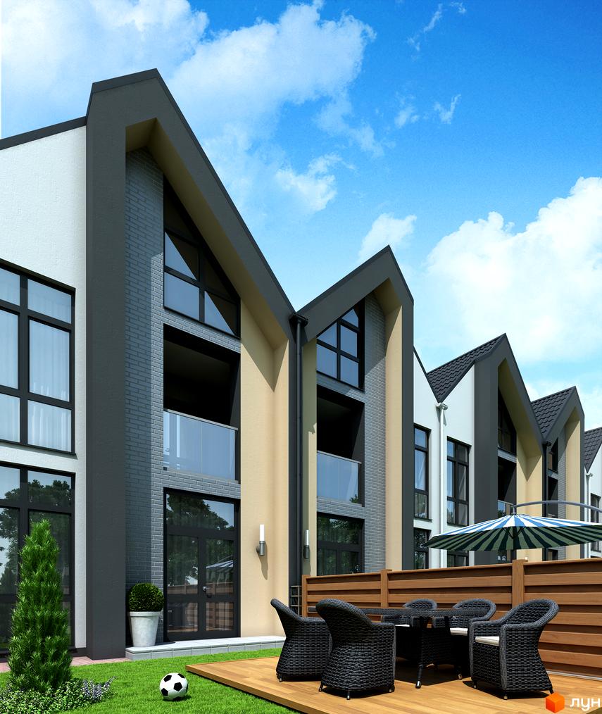 Зображення фасаду Котеджного містечка Oscar з великими вікнами та балконами. На передньому плані тераса з плетеними меблями та газоном.