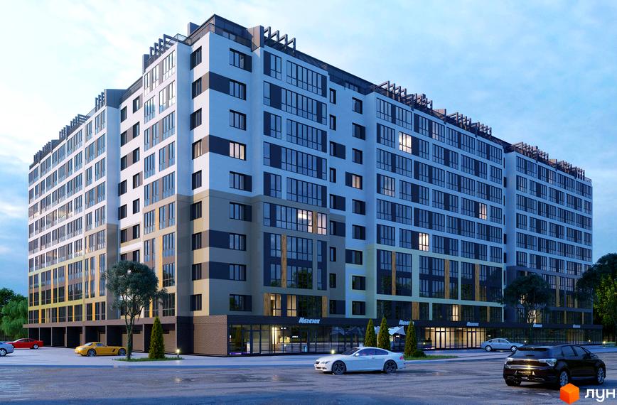 Житловий комплекс Дубовий Гай. Багатоповерховий будинок з великою кількістю вікон та балконів, фасади оздоблені смугами сірого та бежевого кольору. Перед будинком облаштована прибудинкова територія з деревами та місцями для паркування автомобілів.