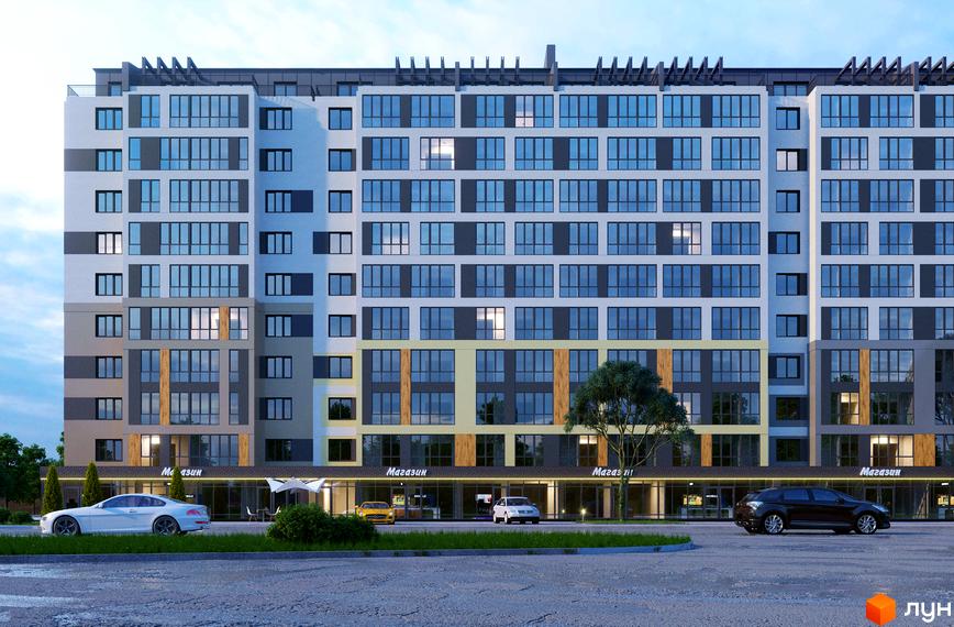 Фасад житлового комплексу Дубовий Гай з великою кількістю вікон та комерційними приміщеннями на першому поверсі. Перед будинком розташована прибудинкова територія з деревами та автомобілями.