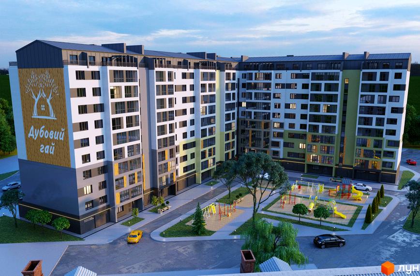 Багатосекційний будинок ЖК Дубовий Гай з великими вікнами та прибудинковою територією з дитячим майданчиком.