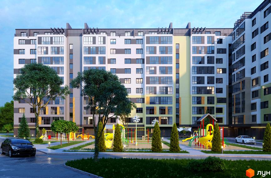 Житловий комплекс Дубовий Гай з фасадами в сірих та жовтих тонах, вікнами з темними рамами та дитячим майданчиком з гірками та гойдалками.