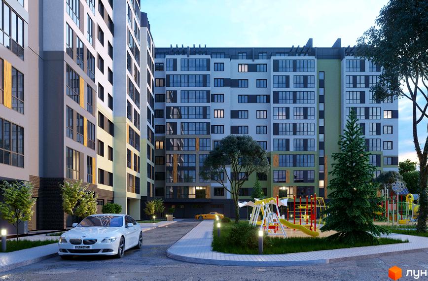 Багатоповерховий будинок ЖК Дубовий Гай з великими вікнами та світлими фасадами. На прибудинковій території дитячий майданчик, дерева та парковка.