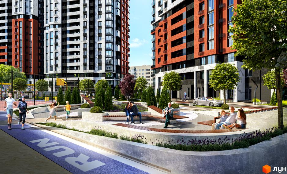 Вигляд на будівлі Житлового комплексу CITY HUB та прибудинкову територію з місцями для відпочинку, дитячим майданчиком та біговою доріжкою.