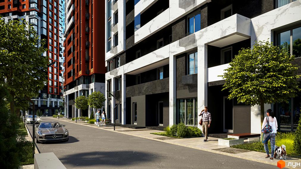 Зображення фасаду та прибудинкової території Будівельного проєкту CITY HUB. На передньому плані вулиця з деревами та автомобілем.