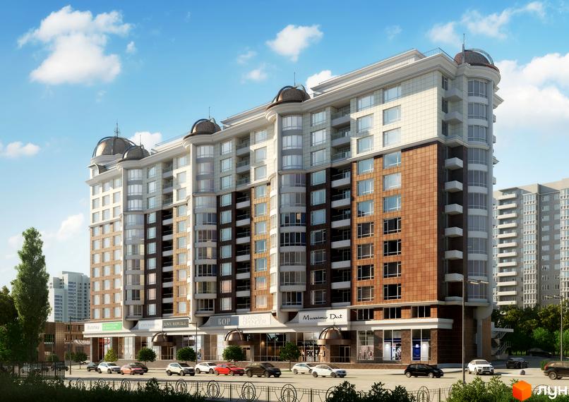 Зовнішній вигляд житлового комплексу Парк-хол Горький з коричневою та білою облицовкою, скляними балконами та купольними дахами. Навколо комплексу розташовані дерева та дороги з автомобілями.