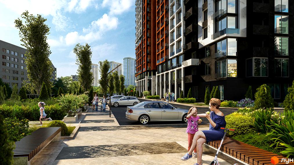 Зображення фасаду та прибудинкової території Житлового комплексу CITY HUB. На передньому плані відпочиваючі люди.