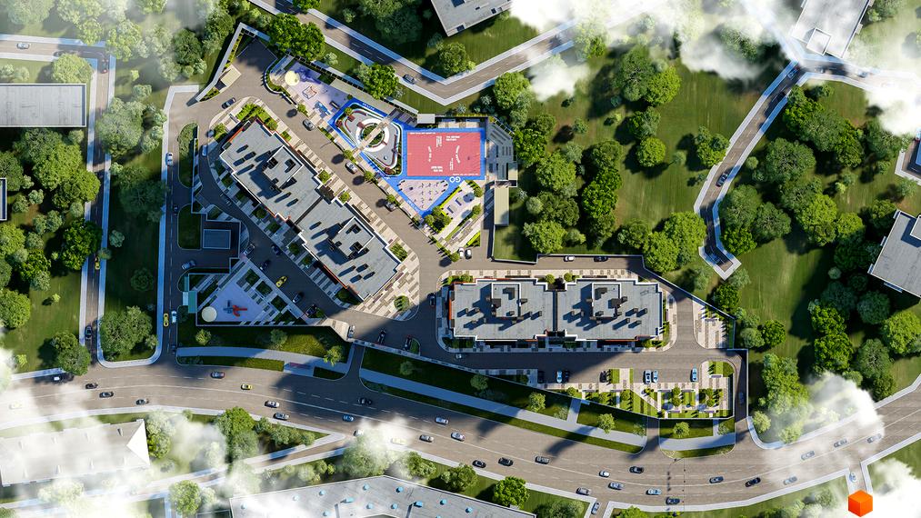 Вид зверху на Житловий район CITY HUB з будівлями, дитячим майданчиком та дорогами. Ландшафтний дизайн з деревами та газонами.