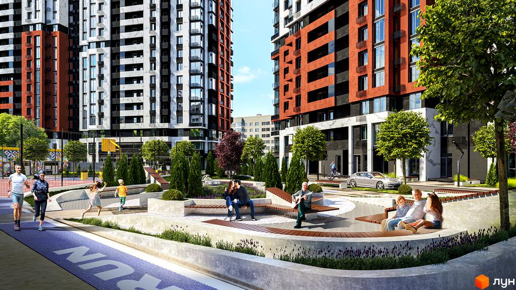 Житловий комплекс CITY HUB. Високі будинки з фасадами у чорних, білих та червоних кольорах. На території: лавки, зелені насадження, дитячий майданчик.